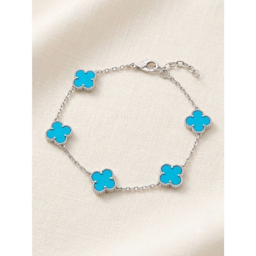 Sterling Silver Turquoise Stone Clover Bracelet Dainty Adjustable Chain Lucky